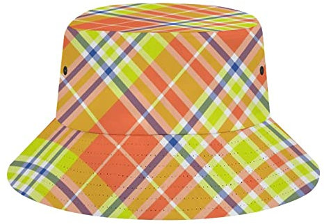 peiyeety Sommer Geometric Plaid Grid Textured4 Geometric Plaid Grid Bucket Hat Strand Fisherman Hats für Damen Herren Teens Packable Summer Sun Hats Travel Outdoor Cap Unisex