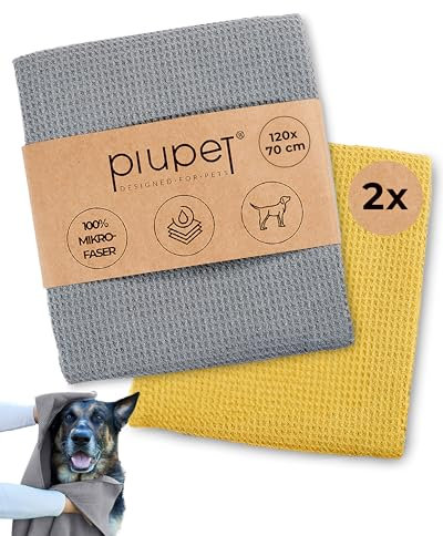 PiuPet® Hundehandtuch I 120x70cm I Mikrofaser Handtuch für Hunde I Handtuch Hund extra saugfähig I Hundehandtuch große Hunde I Doppeltes Handtuch I Microfaser Handtücher (2er Set Grau/Gelb)