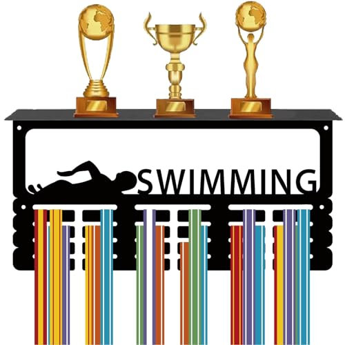 CREATCABIN Schwimmen Medaillenhalter Trophäenregal Medaillenaufhänger Display Mit Regalständer Sport 4 Reihe Wandhalterung Für Damen Gymnastik Laufen Schwimmen Auszeichnungen Rack 40x20x10cm