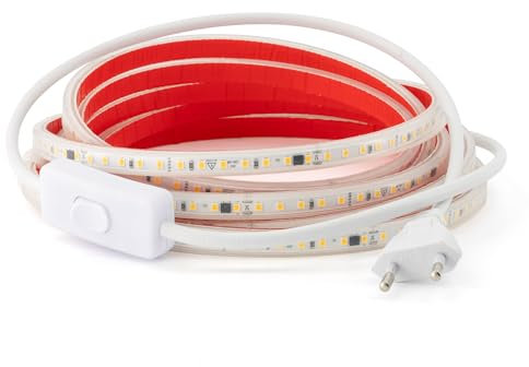 PLAYLUZ Striscia Led 220v 2835 120 Led/m ALTA LUMINOSITÀ, Adesivo e INTERRUTTORE. IMPERMEABILE Bianco freddo/Neutro/Caldo Waterproof IP67 striscia (Bianco Neutro, 1M)
