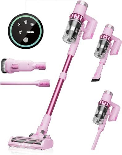 Belife BVC11 Aspirateur Balai sans Fil, 45Kpa/550W/45Mins Aspirateur sans Fil Puissant avec Écran Tactile LED, Aspirateur balais pour Voiture, Tapis, Sols Durs et Poils d'animaux (Rose)