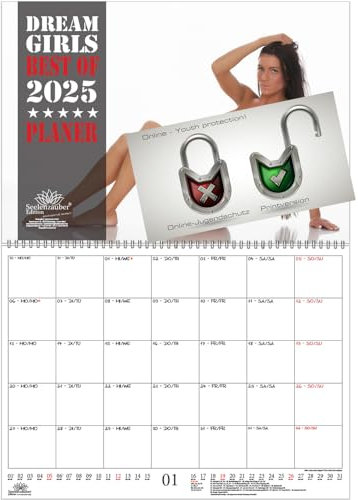 Sexy Dreamgirls DIN A2 Kalender für 2025 Erotik - Geschenkset Inhalt: 1x Kalender 1x Weihnachtsanhänger 1x Grußanhänger (gesamt 3 Teile)