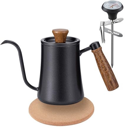 Gocoffun Hervidor de café con cuello de cisne de 550 ml, con termómetro, mango de madera anticalor, hervidor de té de acero inoxidable con boquilla larga y estrecha (negro)