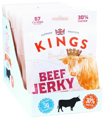 Kings - Beef Jerky - Sweet BBQ Flavour - High Protein Snacks, Marinated and Cooked Meat - Bulk Box of 12 x 25 g Packs
