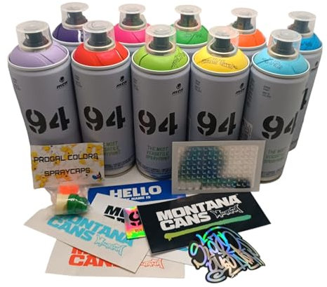 PROGAL COLORS Set Montana 9 4 Montana Spraydosen Streetart Matt Graffiti Dosen 10 x 400 ml Set enthält ein Geschenk von Aufklebern + 3 Ersatz-Diffusoren