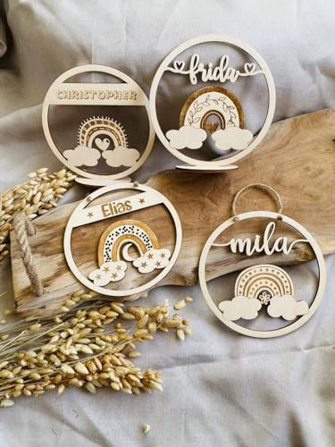 Personalisiertes Namensschild, Türschild, Holzschild Kinder Baby, Geschenk Geburt Taufe Geburtstag, Regenbogen, Patenkind, Kinderzimmerdeko