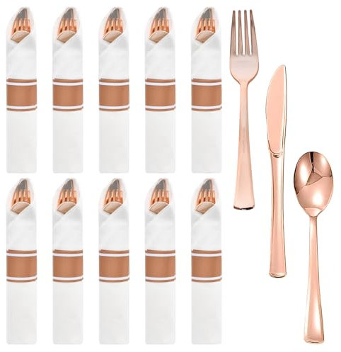 Disnace 10 Stück Elegantes Kunststoff Besteckset Plastik Mehrweg, Plastik Besteck Sets, Wiederverwendbares Besteck, Party Besteck Partygeschirr, Messer Gabeln Löffel Servietten für Hochzeit (Roségold)