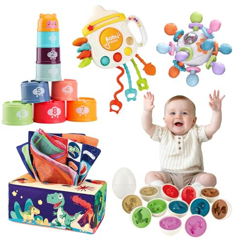 XAZASTOV Baby Toys 6 to 12 Months, 5 in 1 Montessori Set for Babies 1-3 Years Old, Sensory Toys With Stacking Cups, Matching Eggs, Tissue Box, Teething Rattle, Pull String