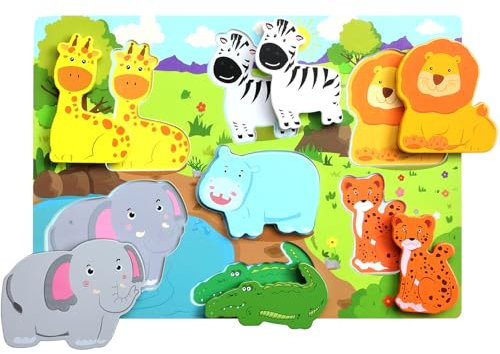 Mystooy Baby Puzzle ab 1 2 3 Jahre, Safari Tiere Holzpuzzle ab 1 2 3 Jahre, Montessori Spielzeug Steckpuzzle Holz ab 2 3 Jahre Lernspielzeug Geschenk für Mädchen Junge, Wooden Animal Puzzle