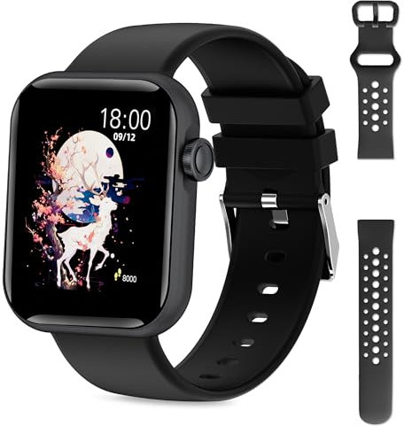 Smartwatch Uomo Donna (2 cinghie)1,83'' HD Smart Watch Con Chiamata Bluetooth, Frequenza Cardiaca e Monitoraggio Del Sonno, IP67 Impermeabile, 100+ Modalità Sport Fitness Tracker iOS Android,Nero