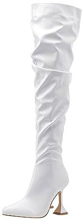 Stivali da donna bianchi con zip laterale sopra il ginocchio stivali a punta tacco alto stivali morbidi da donna alla moda senza tacco, bianco, 39.5 EU