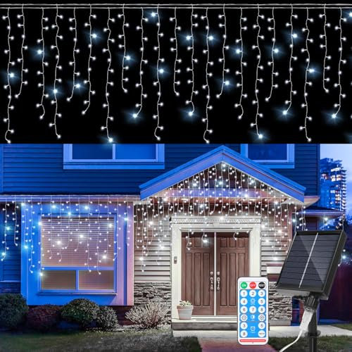 Daromigo Solar Eisregen Lichterkette Außen 5m Kaltweiß 198LEDs lichterketten Eisregen mit batterie & fernbedienung für Terrasse Garten Weihnachten Hochzeit Party Beleuchtung