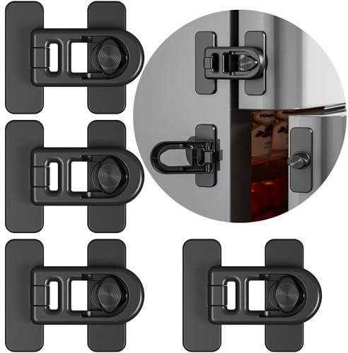 Oruiiju 4 Piezas cerraduras para refrigerador a prueba de niños-para armarios,frigoríficos y congeladores-utiliza adhesivo 3M, sin herramientas ni brocas (Negro)