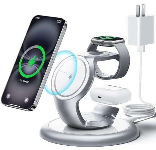 EXW Chargeur Induction 3 en 1 for iPhone 16/15/14/13/12/Pro/Max/Plus, Apple Watch, AirPods Pro 3/2, Station de Charge sans Fil Rapide, Chargeur 18W Inclus (Blanc)