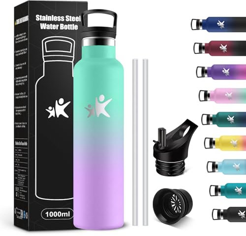 KollyKolla Edelstahl Trinkflasche 1L, Auslaufsichere Wasserflasche mit Strohhalm, Kohlensäure Geeignet, Vakuum Thermoskanne BPA-frei, Wasserflasche für Erwachsene, Sport, Fitness, Gym, Camping