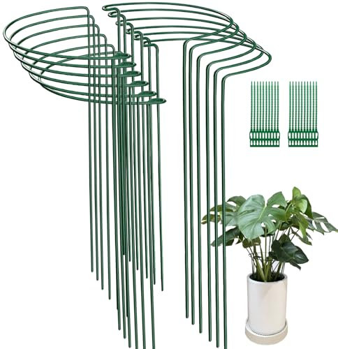 12 Pack 25x40cm Garden Plant Support Stakes Ring Cages with 20 PCS Plant Ties, Metal Half Round Plant Ring for Peonies, Hydrangea, Tomato, Rose