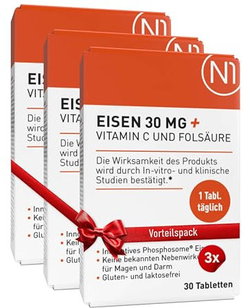 N1 Eisen 30 mg + Vitamin C & Folsäure - 90 Eisentabletten - 98% bioverfügbares Eisenpräparat - hochdosiert für Immunsystem, Energiestoffwechsel & bei Eisenmangel - gut verträglich, ohne Nebenwirkungen