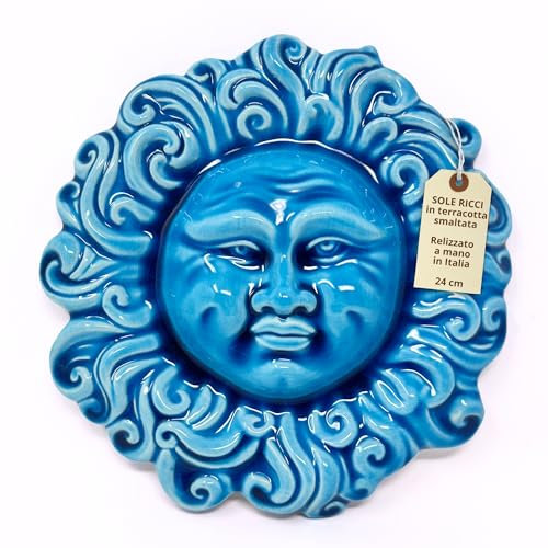 Toocook Sole in ceramica artigianale da parete per arredo e decorazione casa Idea Regalo Realizzato in Terracotta Artigianalmente, Made in Italy (Sole Ricci turchese 24 cm)