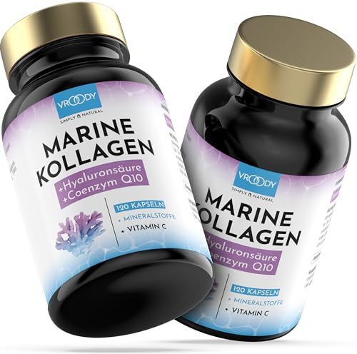 Premium Marine Kollagen Kombo 1000mg + Q10, Hyaluronsäure, Kupfer, Mangan, Vitamine C, Zink & Biotin tragen zur Erhaltung normaler Haut&Haare bei; Made in Austria by VROODY - 2er Pack