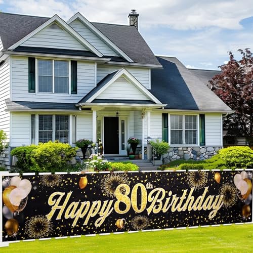 ANOMM Happy 80th Birthday Banner, 80th Black Gold Fabric Happy Birthday Decorations for Men Women, Birthday Party Photo Backdrop Banner, Outdoor Garden Wall Table Decor, 210 * 40cm