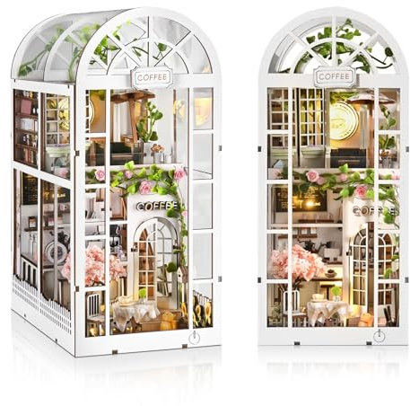 Cuteefun DIY Book Nook Kit, DIY Miniature Dolls House, Wooden Book Nook Dollhouse Kit for Adults to Build, Make Your Own Craft House Model for Birthday (Coffee Garden)