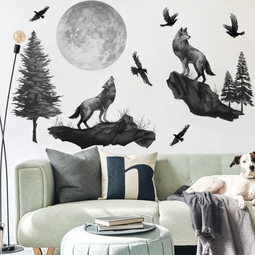 Runtoo Wandaufkleber mit Wolfsmond-Motiv, Motiv: schwarzer Bergwald, Tiere, Vögel, Wandkunst, Aufkleber für Kinderzimmer, Schlafzimmer, Wohnzimmer