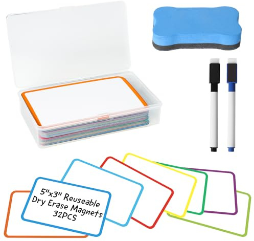 YALIOURS 12.7*7.7CM Trocken abwischbare magnetische Etiketten, 32PCS bunte wiederverwendbare magnetische Etikettenaufkleber für Kühlschränke, Whiteboard, Schrank, Haus, Klassenzimmer,Büroorganisation