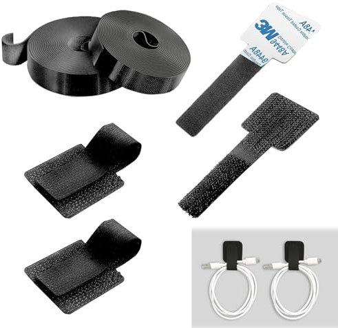 50 PCS Self-Adhesive Hook and Loop Cable Ties with 2 Rolls Extension Straps,Sticky-Back Cord Organizer for Under Desk Cable Management, Adjustable Nylon Wire Organizer for Home and Office(Black).
