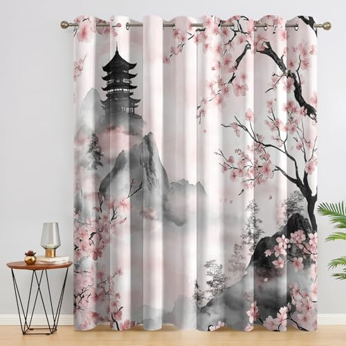 SZLYZM Vorhänge Japanische Kirschblüten, Verdunkelungsvorhang 2er Set - Vorhang Blickdicht Asiatische Muster, Thermovorhang für Deko Wohnzimmer Schlafzimmer, Gardinen mit Ösen 175x140 cm (HxB)