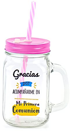 Pack de 6 a 24 uds, Jarras Cristal Comunión con Pajita, Frase “Gracias por Acompañarme”, 480 ml, Tapa de Colores Surtidos, 13,5 x 7 cm, Detalles para Invitados, Regalantes (18, Rosa)