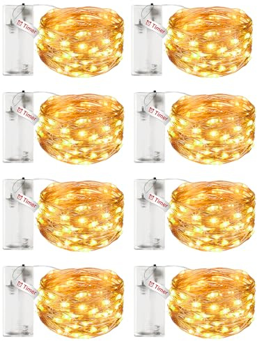 litogo 8 Stück Lichterkette Batterie Timer, 3M 30 LED Lichterkette Innen Wasserdicht Kupferdraht Fairy Lights, Lichterketten Batteriebetrieben (AA Batterie) für Weihnachten Hochzeit Deko, Warmweiß