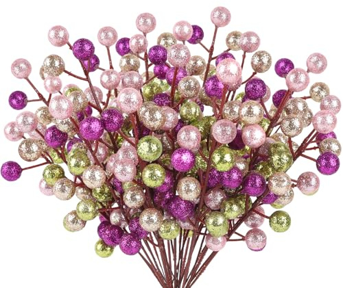 24 Pack Glitter Gelb Orange Rot Beeren Stiele, Künstliche Holly Beeren Zweige Deko Weihnachten für Christbaumschmuck Weihnachtsdeko Adventskranz Deko Weihnachtsgirlande Türkranz Weihnachten Ornamente