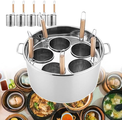 Cuocipasto manuale a 5 fori, macchina per cucinare gli spaghetti | Utensili per pasta multi-pentola con pentola da 45 cm + e 5 cestelli per scolapasta | Set di pentole multi-uso, scolapasta per uso co