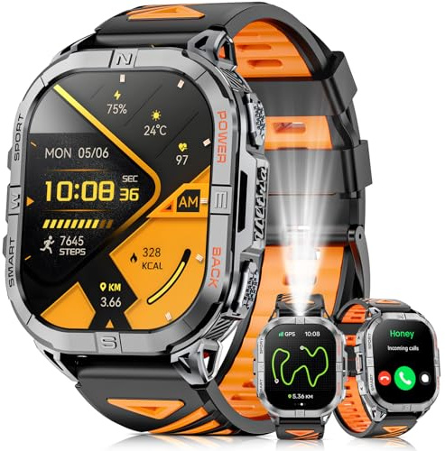 Joautrial Militär-Smartwatch für Herren, integriertes GPS mit LED-Taschenlampenkompass, 5,4 cm AMOLED taktische Smartwatches mit Annehmen/Tätigen von Anrufen, 3ATM wasserdichter Fitness-Tracker für