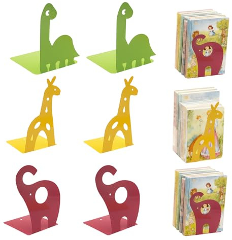 APKOL 3 Paio Fermalibri per Bambin Metallo, fermalibri per Animali | Elefanti, giraffe, dinosauri,antiscivolo a forma di elefante in stile cartone animato,riordino divertente e sicuro
