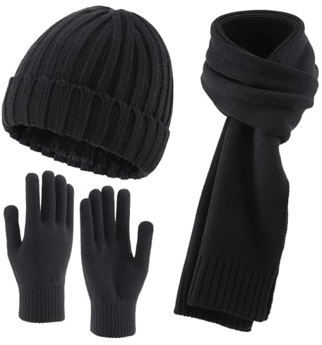 Decentron 3 PCS Fleece Lined Cold Weather Set, Warm Winter Beanie Hat, Long Scarf and Touchscreen Gloves for Men & Women