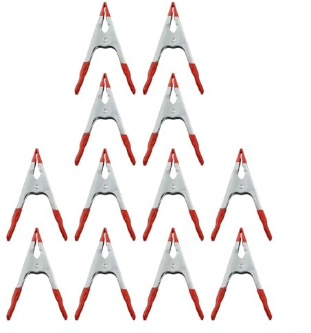 Paquete de 12 abrazaderas de resorte de metal resistentes de 100 mm para carpintería, clips de acero inoxidable y aleación de aluminio con almohadillas de goma, apertura de mandíbula de 32 mm, rojo y