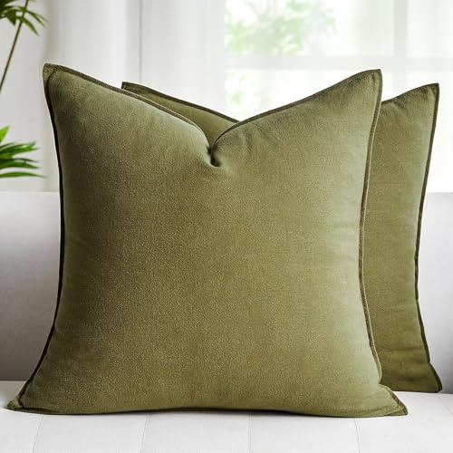 Velvhom Kissenbezug 50x50 Kissenbezug Dekokissen Kissenbezug Baumwolle Leinen Dekokissen Waschbar Sofakissen mit Verstecktem Reißverschluss für Wohnzimmer Schlafzimmer Sofa Olivgrün 2er Set
