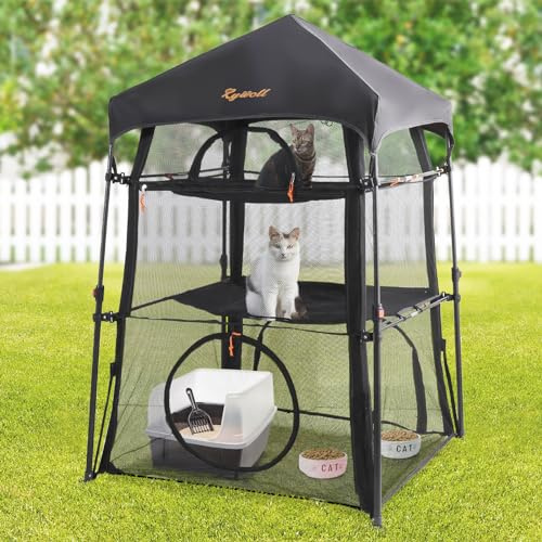 Rywell Extra Großes Katzengehege Outdoor mit 3 Ebenen und 5 Fenstern, Tragbare Katzenzelte für Draußen, Regen- und Sonnenschutz, Für den Außenbereich/Terrasse geeignet, 145 × 110 × 110 cm