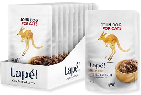 John Dog for Cats LAPÉ Katzennassfutter ohne Zucker und Getreide - Känguru 10 x 100g Portionsbeutel - Katzenfutter Nass mit 99% Fleischanteil - Nassfutter für ausgewachsene Katzen