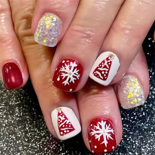 Lot de 24 faux ongles carrés courts avec sapin de Noël et flocons de neige pailletés pour femmes et filles