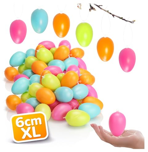 com-four® 72x Ostereier XL zum Aufhängen 6 cm, Osterdeko in sanften | bunte Deko-Eier mit Aufhänger - Kunststoff-Eier für innen und außen