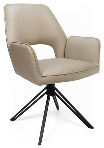 Home4You Armlehnstuhl - Cappuccinofarben - Mikrofaser Lederoptik - 360° Drehbar - Metallgestell Schwarz Matt - Esszimmerstuhl - 120 kg Belastbarkeit - 59x89x63 cm