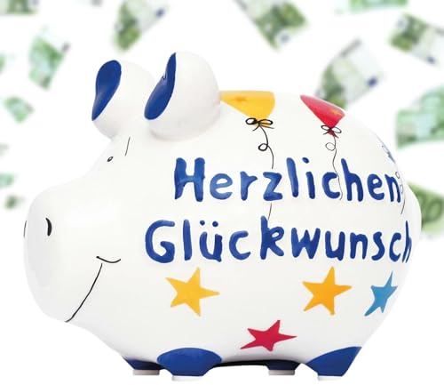 Lustiges HERZLICHEN GLÜCKWUNSCH Sparschwein 12,5 cm - Bunte Kinder & Erwachsenen Keramik Spardose