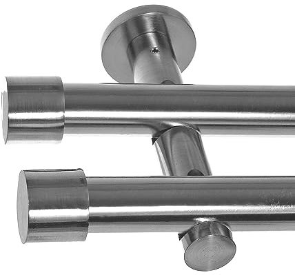 BASIT Gardinenstange 2 läufig 400cm lang Edelstahl Look I Gardinenstange doppelläufig Wandmontage Ø20mm mit Zylinder I In 120-600cm verfügbar H41