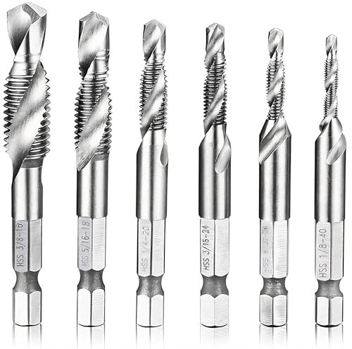 Migiwata HSS 4341 Imperial 2-in-1 Combination Drill and Tap Bit Set Fractional Inch 1/8''-3/8'' with 1/4” Hex Shank and Spiral Flute Tapping Tool Set Kit Hand Tool of 6pcs