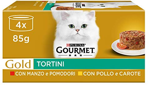 Purina Gourmet Gold, Nass-Törtchen für Katzen, Huhn und Karotten, Rindfleisch und Tomaten, 48 Dosen à 85 g