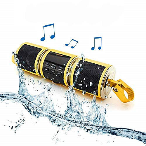 MASO Radio de moto Bluetooth 12 V étanche HiFi avec système de son stéréo pour VTT, jet ski, alarme à distance, lecteur MP3 FM, doré