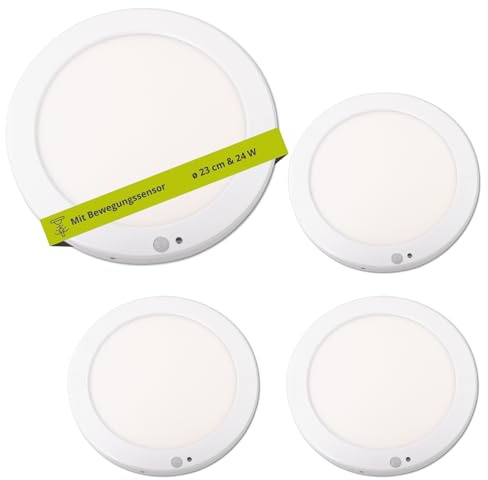 INNOVATE LED Lampe mit Bewegungsmelder Innen Rund 4 Stk. I Deckenlampe 18W | Deckenlampe mit Bewegungsmelder 3000K Nicht Dimmbar LED Deckenleuchte mit Bewegungsmelder Innen IP20 Motion Sensor Light 22cm