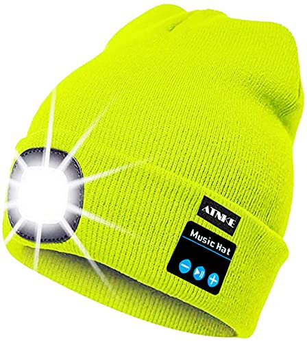 ATNKE LED beleuchtete Bluetooth-Beanie-Kappe, wiederaufladbare USB-Musikalische Laufmütze mit extrem hellem 4-LED-Licht wasserdichte Lampe für das Camping Radfahren (Fluoreszierendes Gelb)